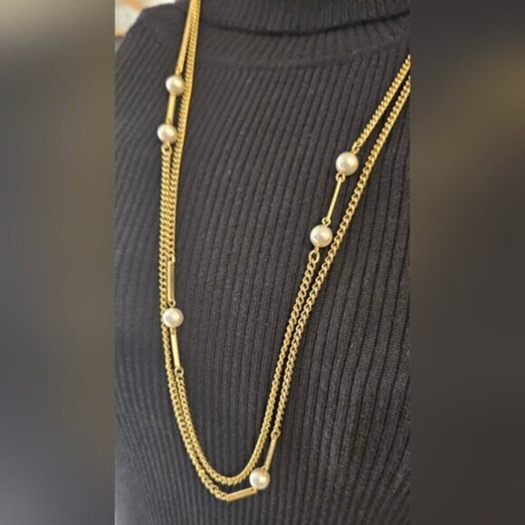 Vintage Gold Tone Faux Pearl Long Layering Necklace – Single or Double Strand - Picture 4 of 6